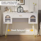 Modern Vanity Makeup Table Set with Stool, Charging Port, Glass Door