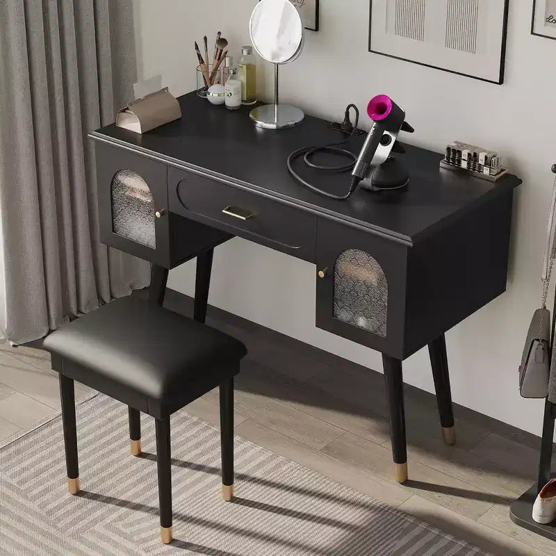 Modern Vanity Makeup Table Set with Stool, Charging Port, Glass Door