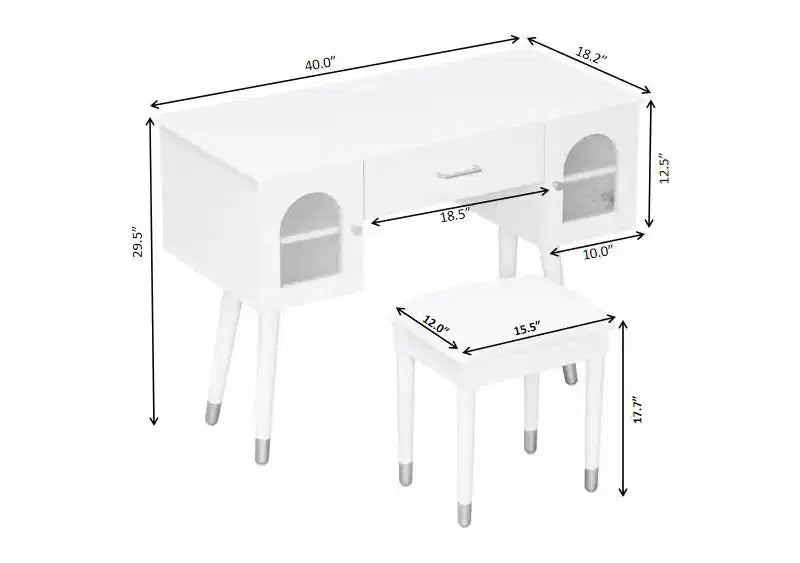 Modern Vanity Makeup Table Set with Stool, Charging Port, Glass Door