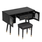 Modern Vanity Makeup Table Set with Stool, Charging Port, Glass Door