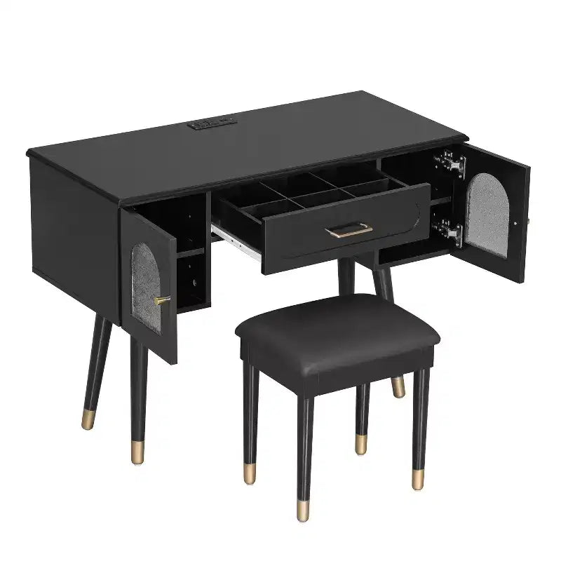 Modern Vanity Makeup Table Set with Stool, Charging Port, Glass Door