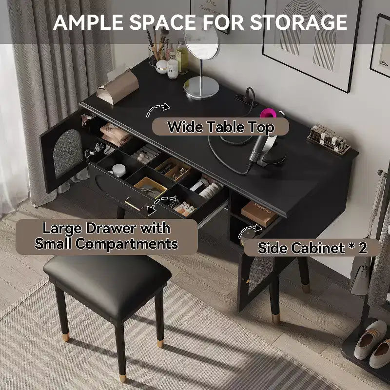 Modern Vanity Makeup Table Set with Stool, Charging Port, Glass Door