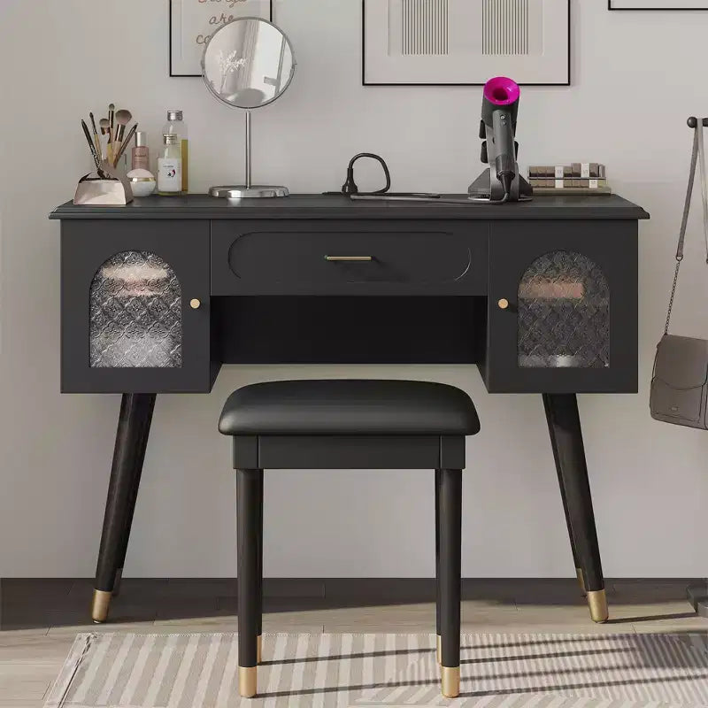 GDFStudio Terry Modern Vanity Makeup Set with Faux Leather Stool, Charging Port and Glass Door