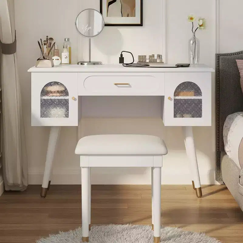 Modern Vanity Makeup Table Set with Stool, Charging Port, Glass Door