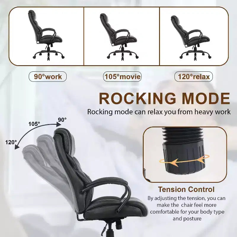 Big and Tall PU Leather Executive Office Chair, 500 lb Capacity, 360° Swivel