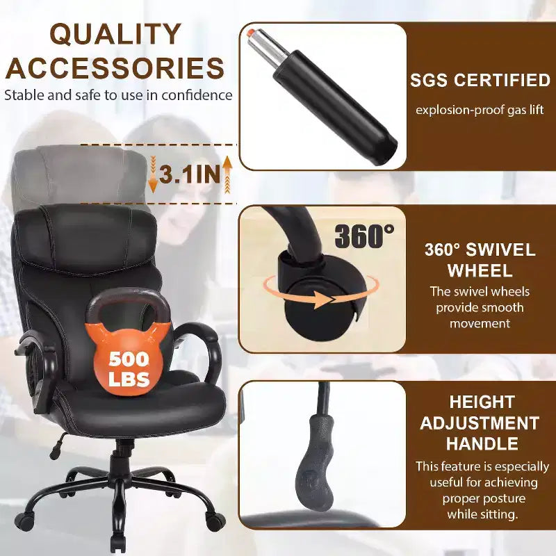 Big and Tall PU Leather Executive Office Chair, 500 lb Capacity, 360° Swivel