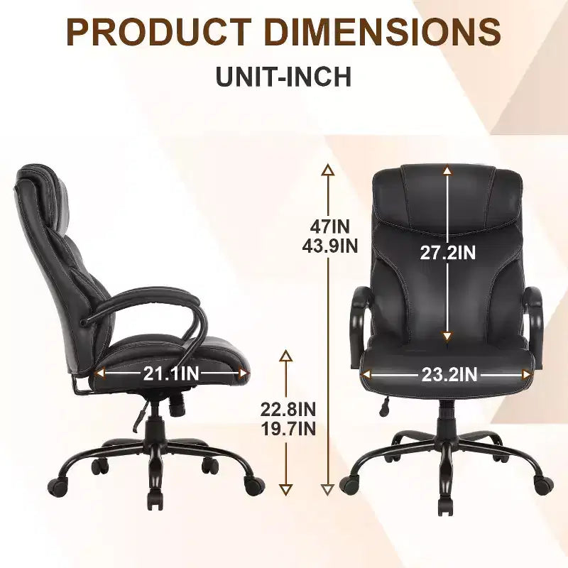 Big and Tall PU Leather Executive Office Chair, 500 lb Capacity, 360° Swivel