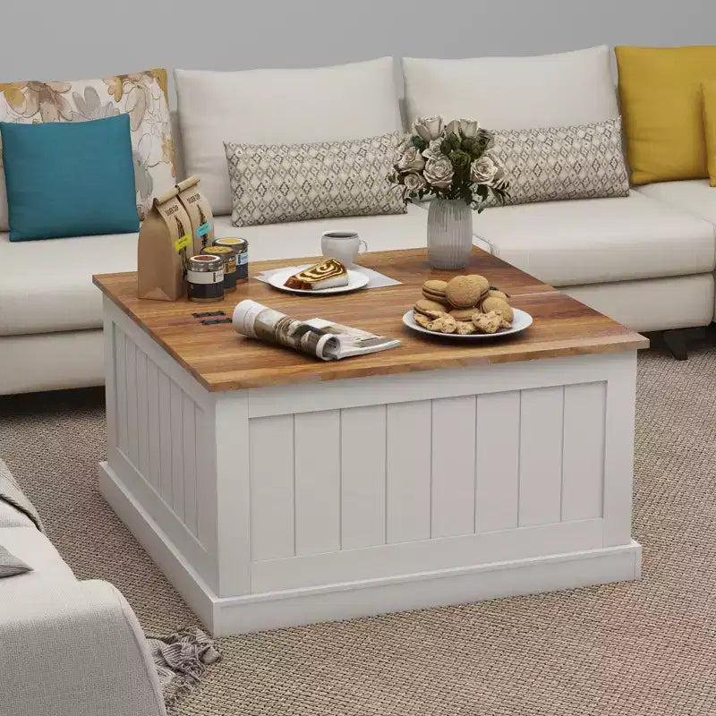 Modern Wood Coffee Table with Hidden Storage and 2 Hinged Lift Tops, White