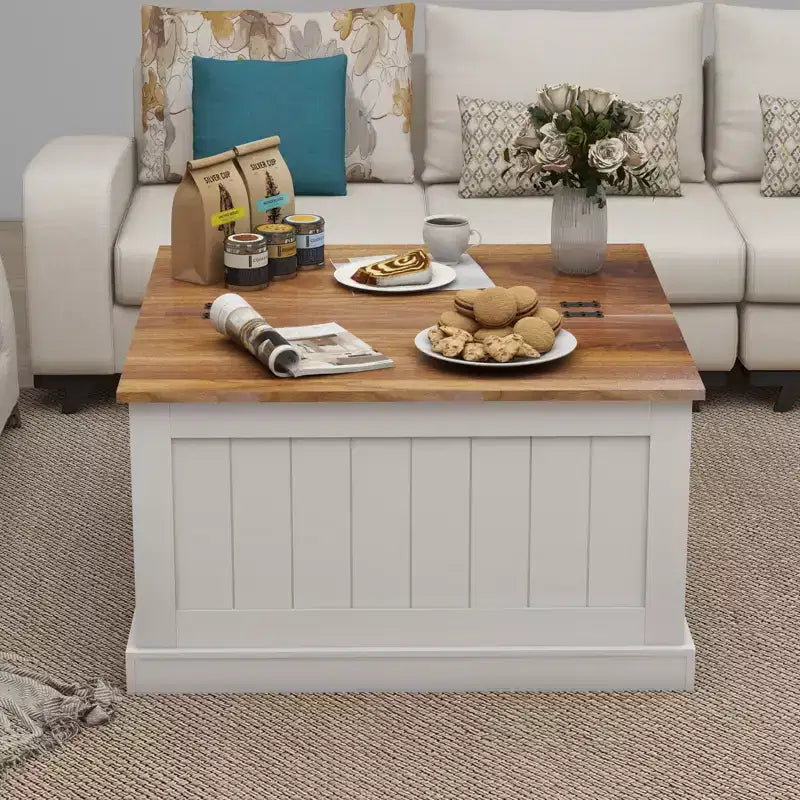 Modern Wood Coffee Table with Hidden Storage and 2 Hinged Lift Tops, White