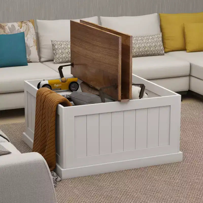 Modern Wood Coffee Table with Hidden Storage and 2 Hinged Lift Tops, White