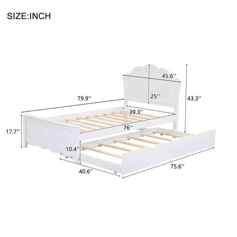 Wood Platform Bed with Headboard and Twin Size Pull-Out Trundle
