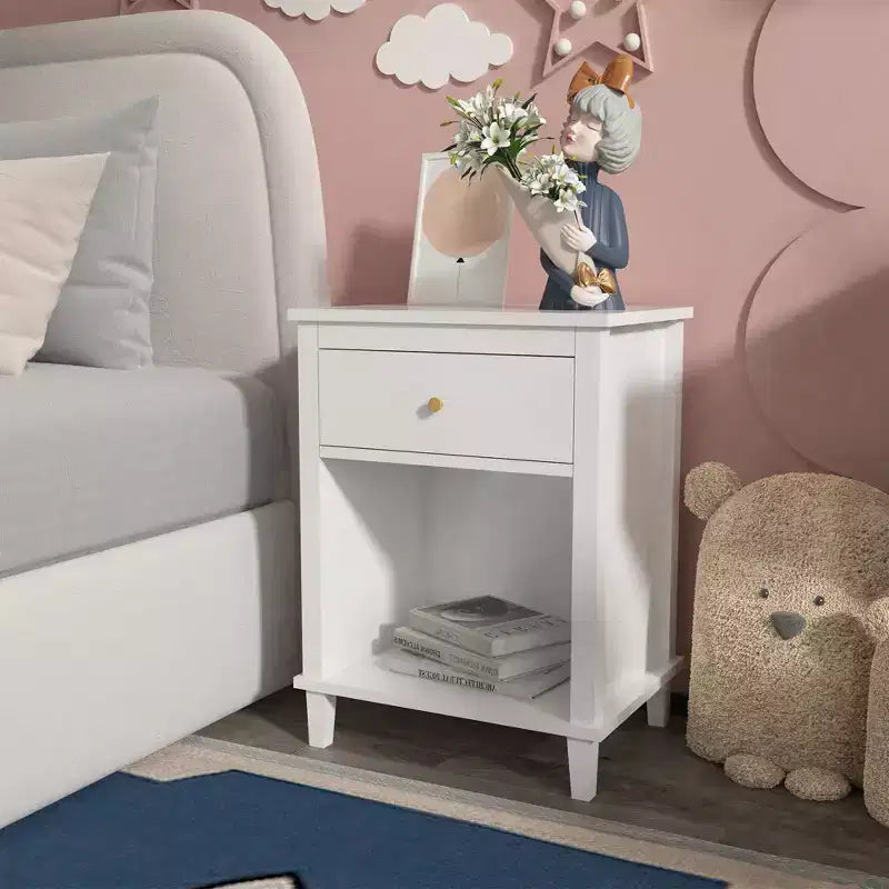 Kids Nightstand with 1 Drawer and 1 Shelf, White with Gold Handle, MDF