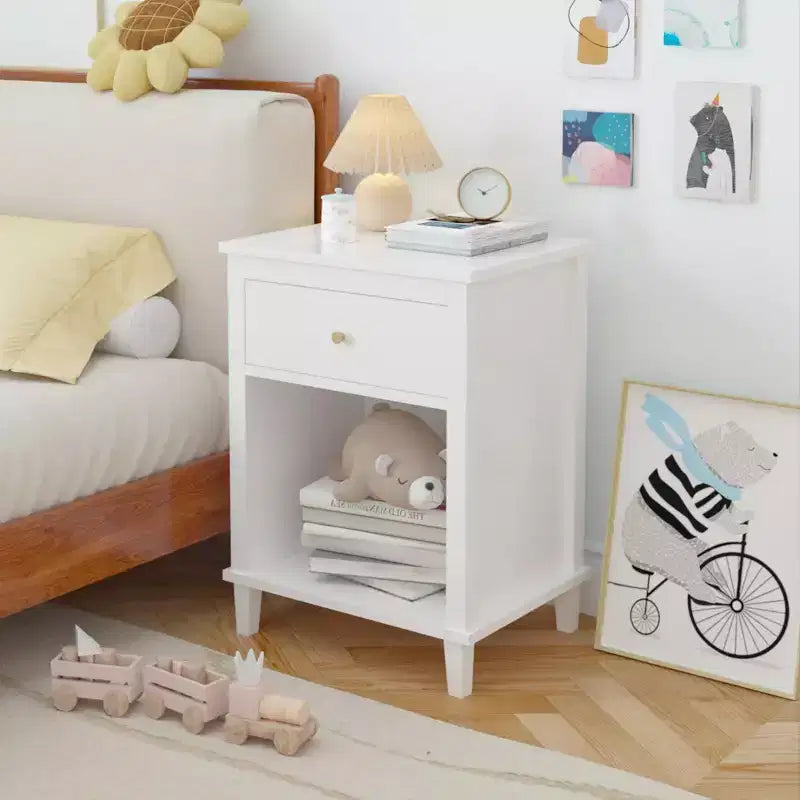 Kids Nightstand with 1 Drawer and 1 Shelf, White with Gold Handle, MDF
