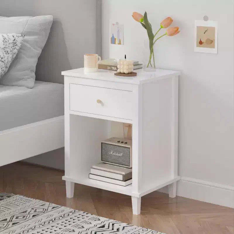 Kids Nightstand with 1 Drawer and 1 Shelf, White with Gold Handle, MDF