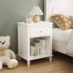 Kids Nightstand with 1 Drawer and 1 Shelf, White with Gold Handle, MDF