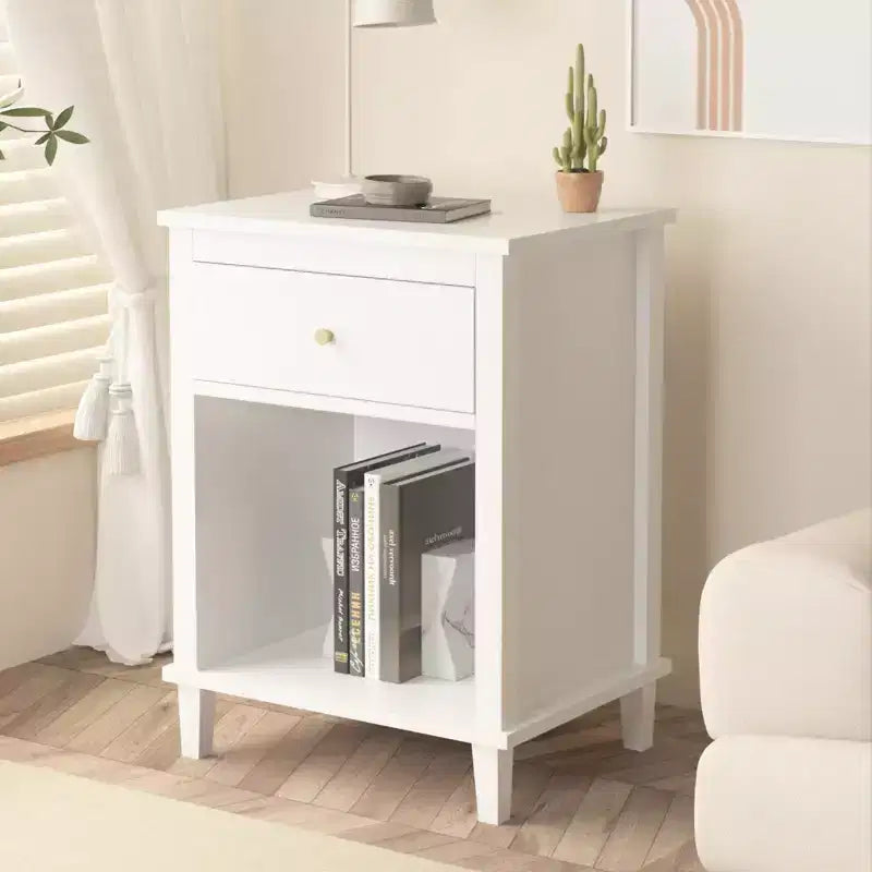 Kids Nightstand with 1 Drawer and 1 Shelf, White with Gold Handle, MDF