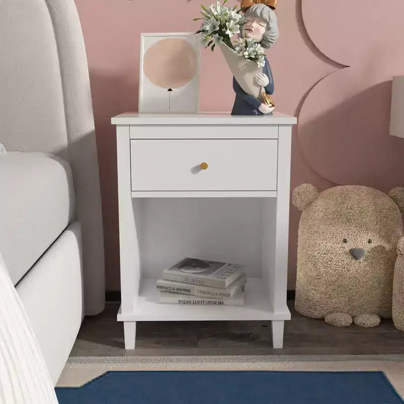 Kids Nightstand with 1 Drawer and 1 Shelf, White with Gold Handle, MDF