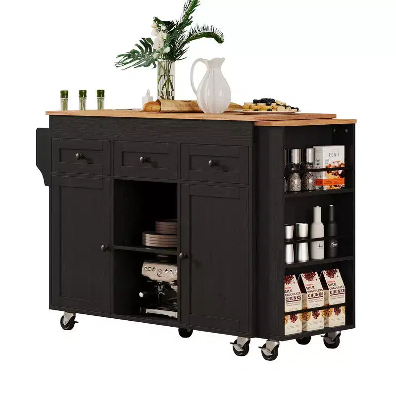 Rolling Kitchen Island with Extendable Dining Table, 3 Drawers, 2 Doors