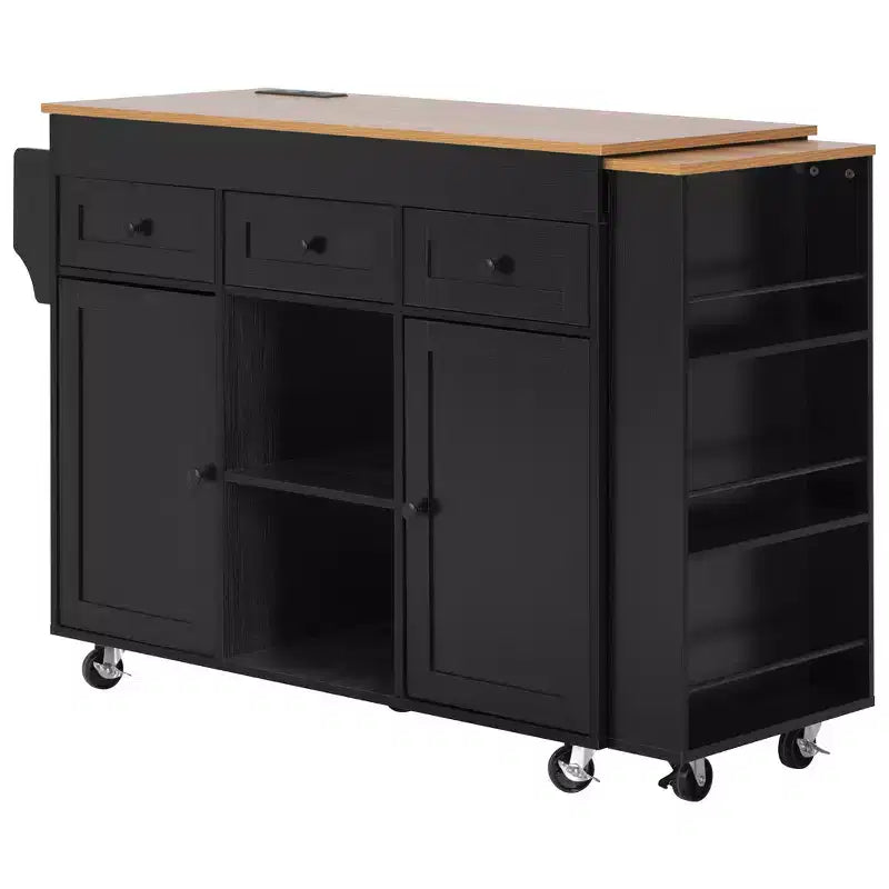 Rolling Kitchen Island with Extendable Dining Table, 3 Drawers, 2 Doors