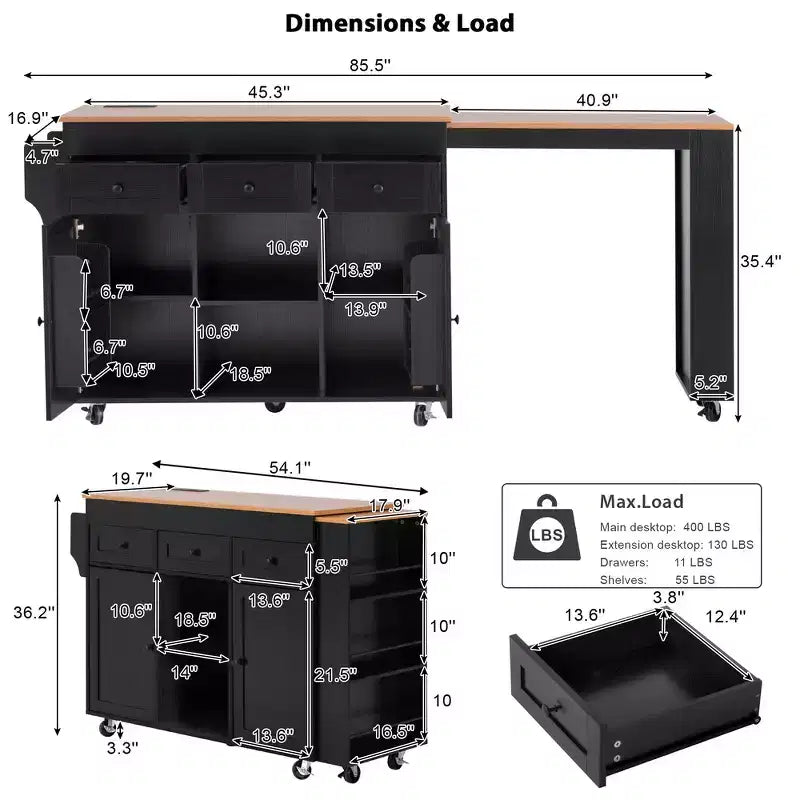 Rolling Kitchen Island with Extendable Dining Table, 3 Drawers, 2 Doors