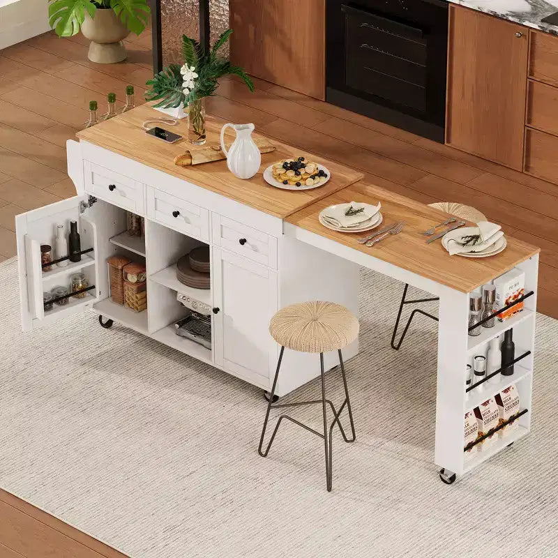 Rolling Kitchen Island with Extendable Dining Table, 3 Drawers, 2 Doors