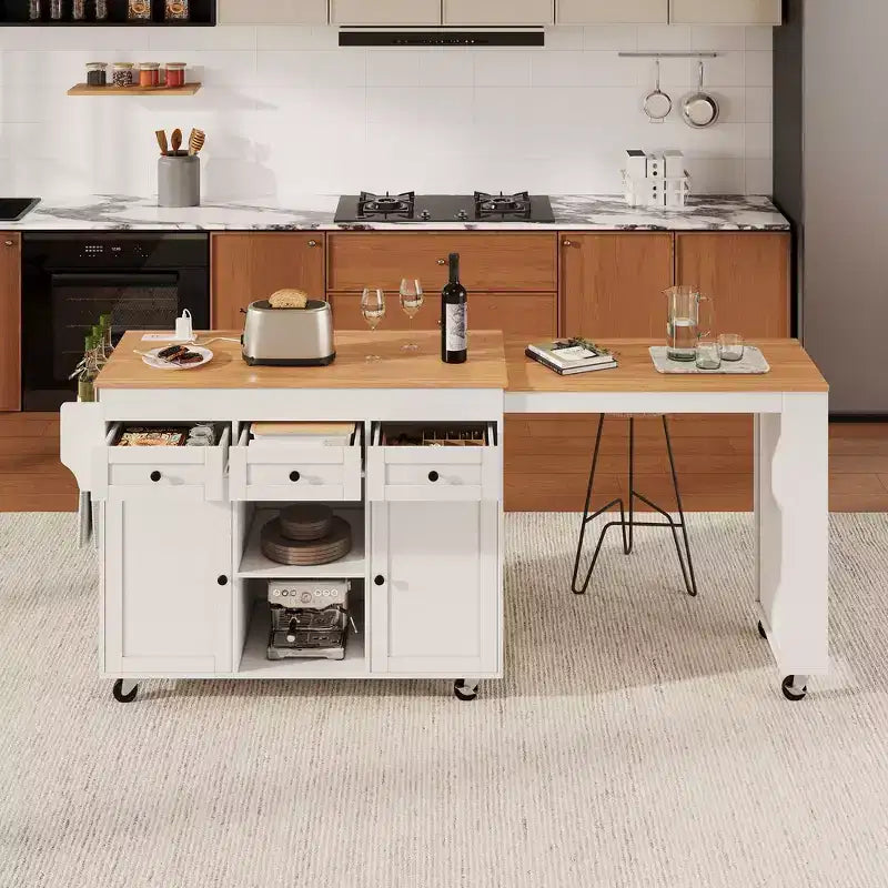 Rolling Kitchen Island with Extendable Dining Table, 3 Drawers, 2 Doors