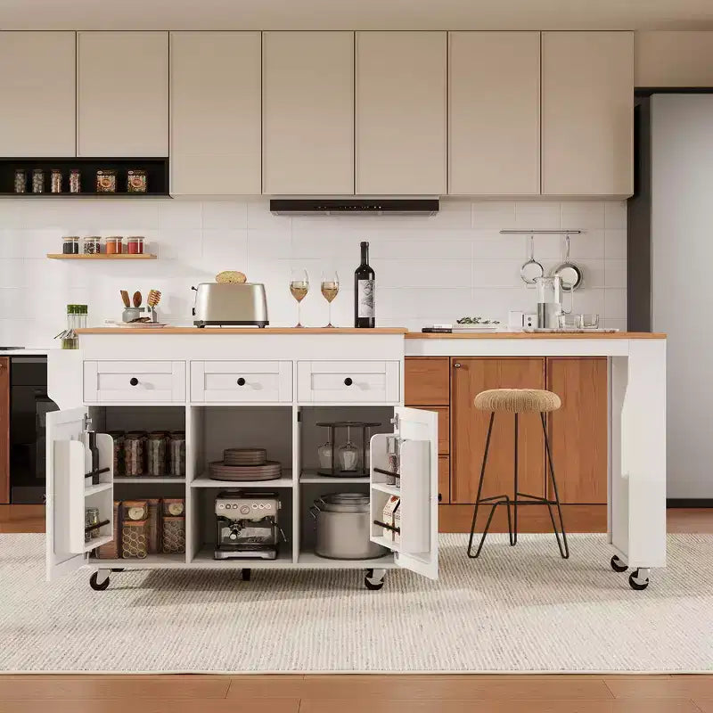 Rolling Kitchen Island with Extendable Dining Table, 3 Drawers, 2 Doors
