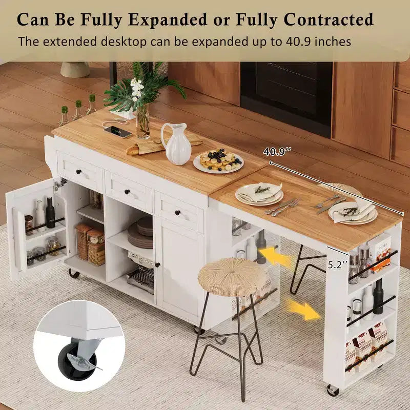 Rolling Kitchen Island with Extendable Dining Table, 3 Drawers, 2 Doors