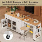 Rolling Kitchen Island with Extendable Dining Table, 3 Drawers, 2 Doors