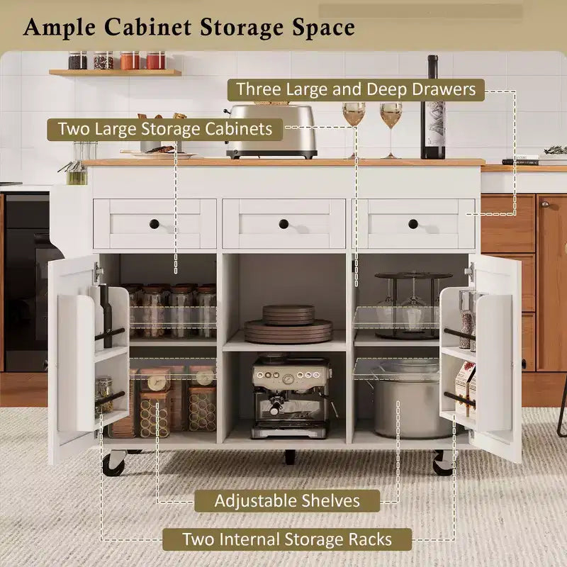 Rolling Kitchen Island with Extendable Dining Table, 3 Drawers, 2 Doors