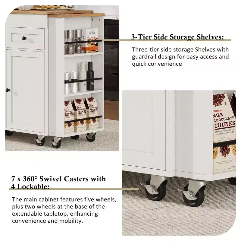 Rolling Kitchen Island with Extendable Dining Table, 3 Drawers, 2 Doors