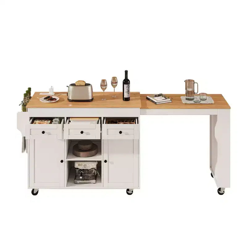 Rolling Kitchen Island with Extendable Dining Table, 3 Drawers, 2 Doors