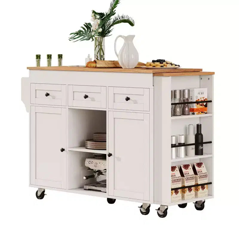 Rolling Kitchen Island with Extendable Dining Table, 3 Drawers, 2 Doors