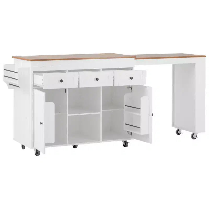 Rolling Kitchen Island with Extendable Dining Table, 3 Drawers, 2 Doors