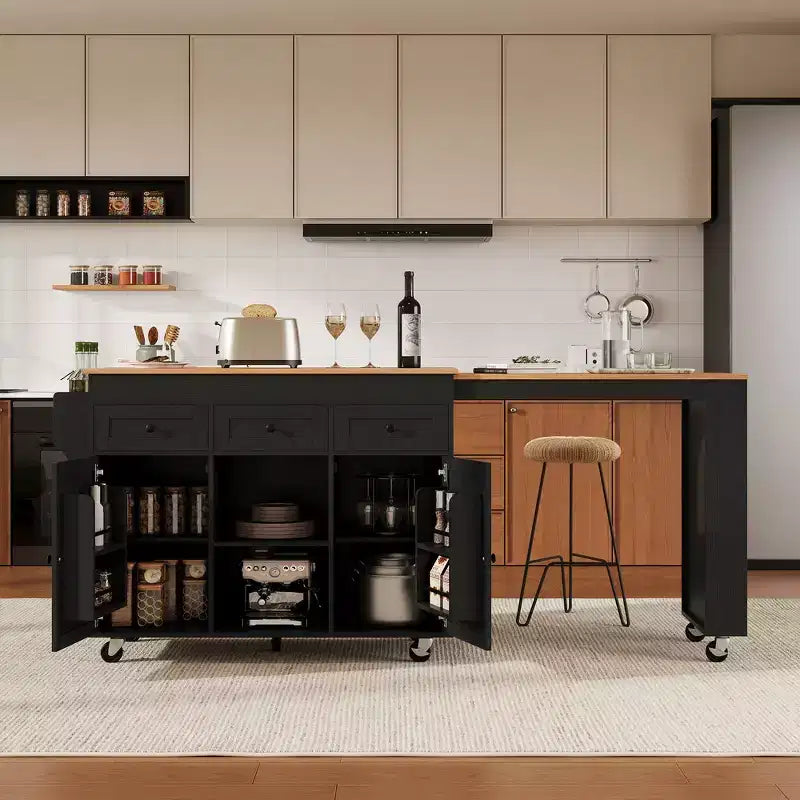 Rolling Kitchen Island with Extendable Dining Table, 3 Drawers, 2 Doors