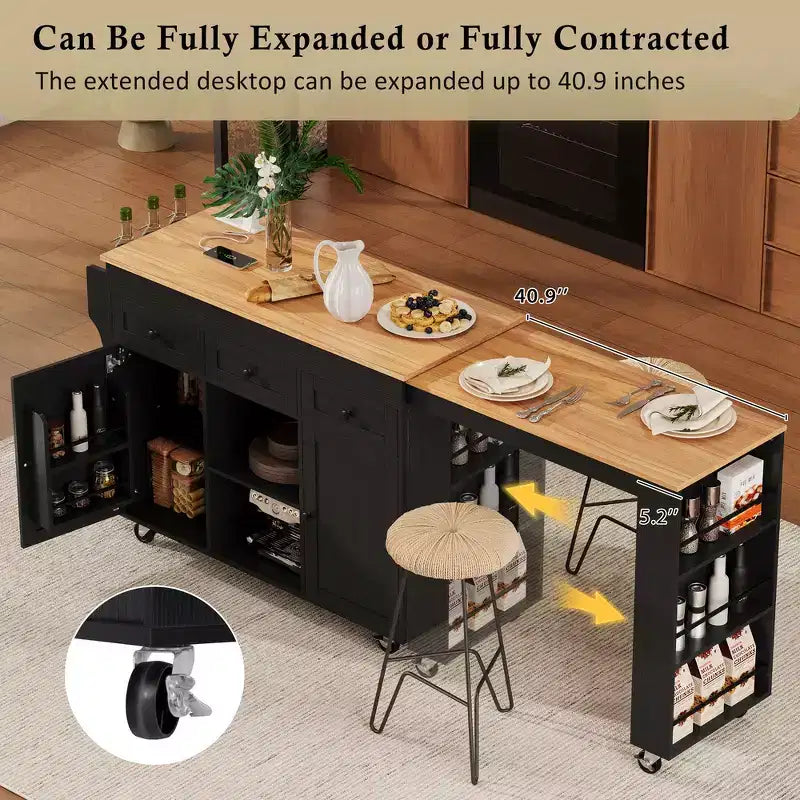 Rolling Kitchen Island with Extendable Dining Table, 3 Drawers, 2 Doors