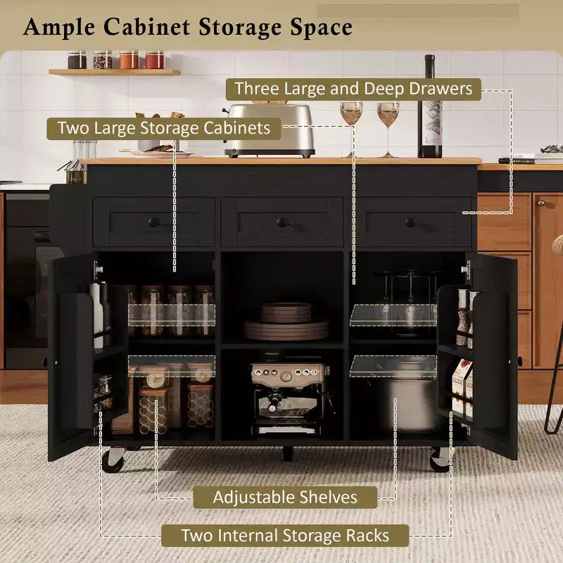 Rolling Kitchen Island with Extendable Dining Table, 3 Drawers, 2 Doors