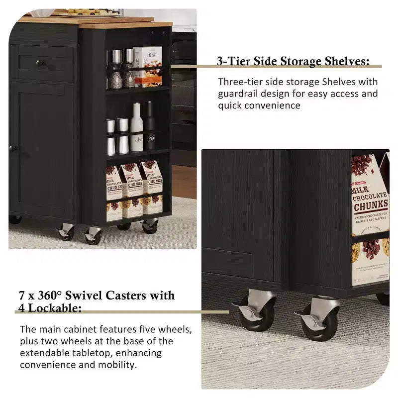 Rolling Kitchen Island with Extendable Dining Table, 3 Drawers, 2 Doors