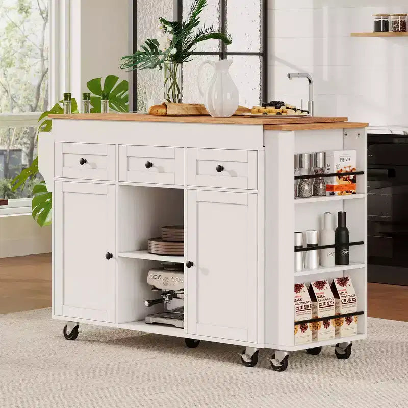 Rolling Kitchen Island with Extendable Dining Table, 3 Drawers, 2 Doors