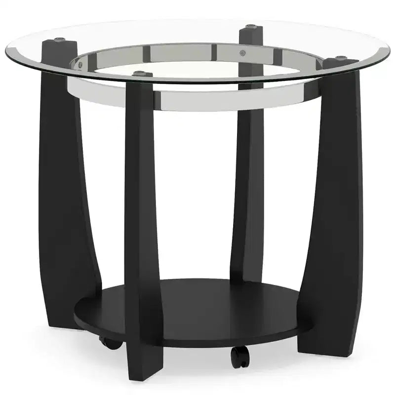 32-Inch 2-Tier Round Glass Coffee Table with Wheels and Storage Shelf