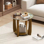 32-Inch 2-Tier Round Glass Coffee Table with Wheels and Storage Shelf