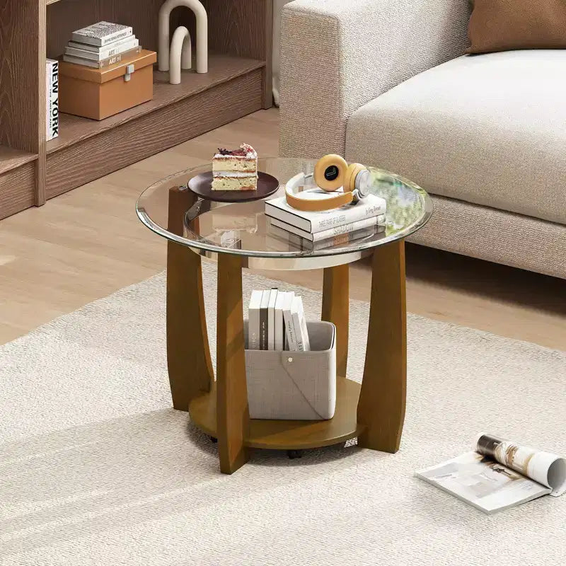 32-Inch 2-Tier Round Glass Coffee Table with Wheels and Storage Shelf