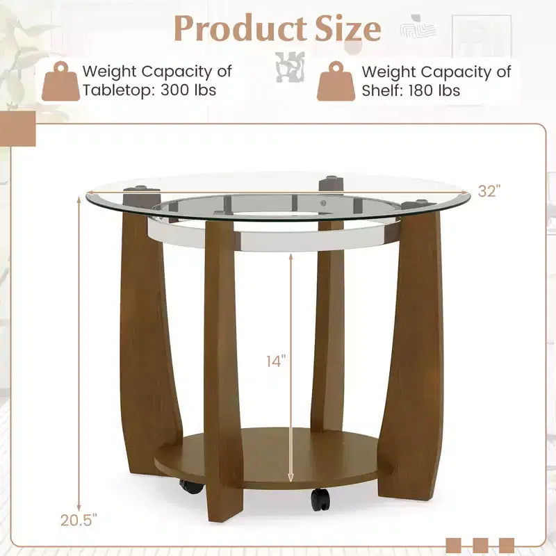 32-Inch 2-Tier Round Glass Coffee Table with Wheels and Storage Shelf
