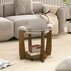 32-Inch 2-Tier Round Glass Coffee Table with Wheels and Storage Shelf