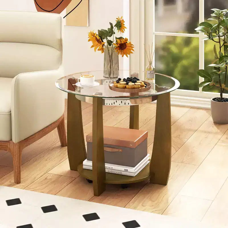 32-Inch 2-Tier Round Glass Coffee Table with Wheels and Storage Shelf