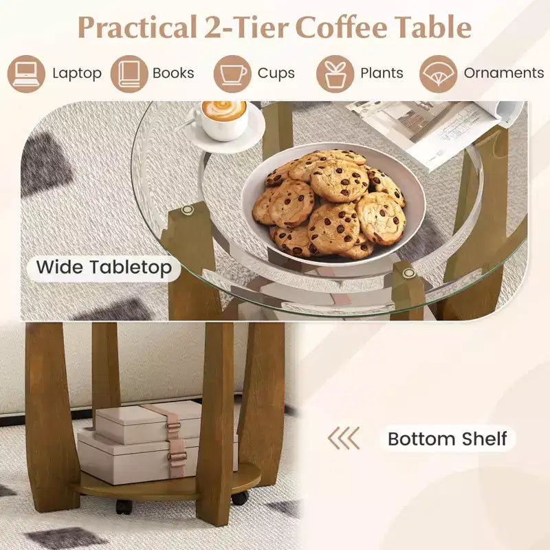32-Inch 2-Tier Round Glass Coffee Table with Wheels and Storage Shelf