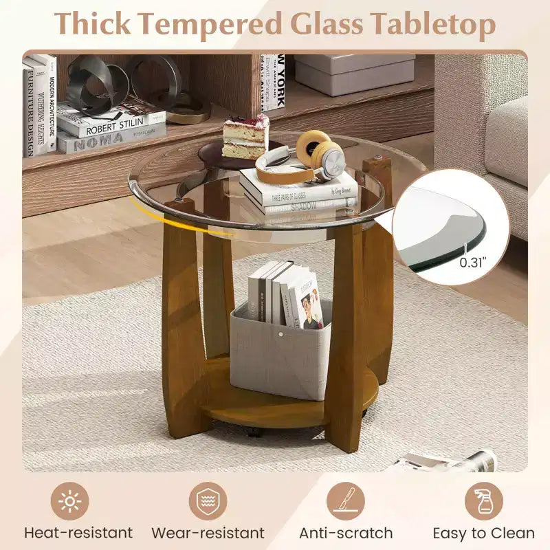 32-Inch 2-Tier Round Glass Coffee Table with Wheels and Storage Shelf