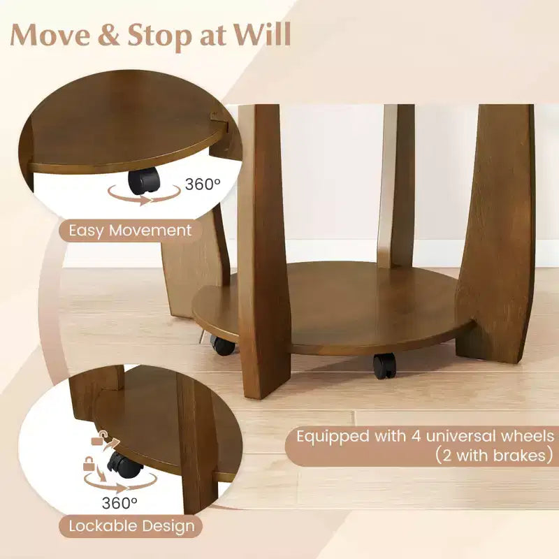 32-Inch 2-Tier Round Glass Coffee Table with Wheels and Storage Shelf
