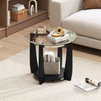 32-Inch 2-Tier Round Glass Coffee Table with Wheels and Storage Shelf