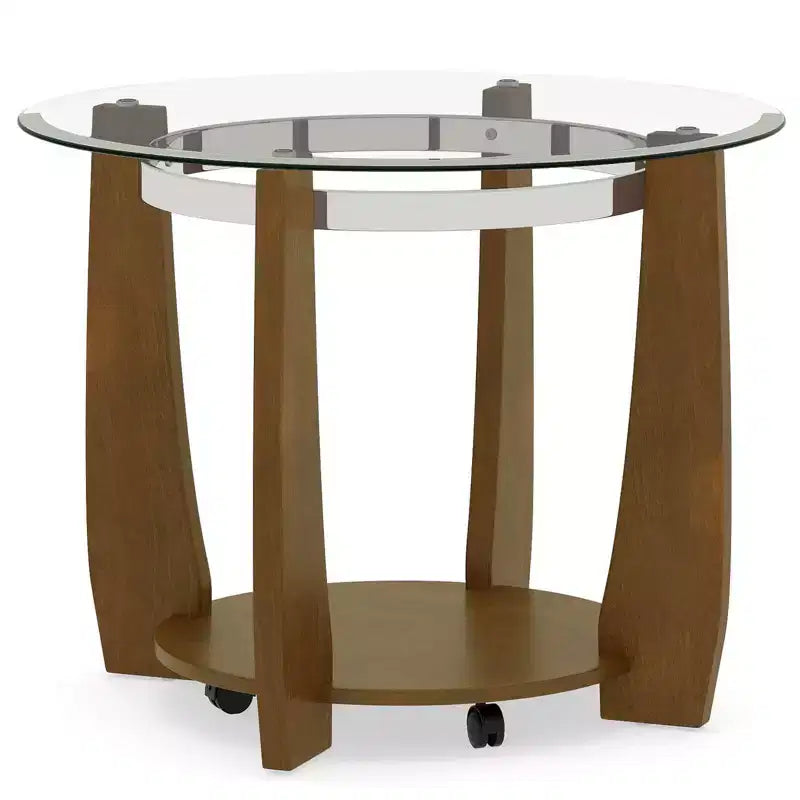 32-Inch 2-Tier Round Glass Coffee Table with Wheels and Storage Shelf